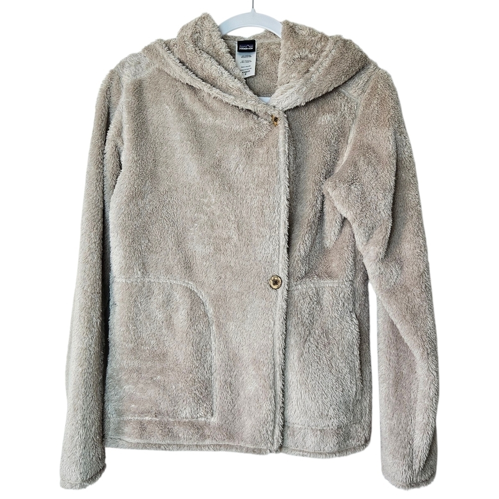 Patagonia Hooded Fuzzy Fleece Button Up Jacket Womens S Beige